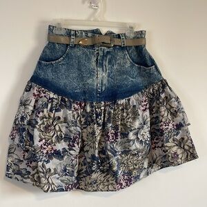 VTG Denim Floral Skirt 11/12 80s Blue Jean Belted Western Stonewash Jacquard